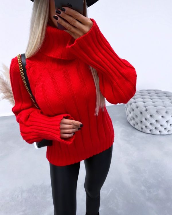 Red High-collar Loose Knit
