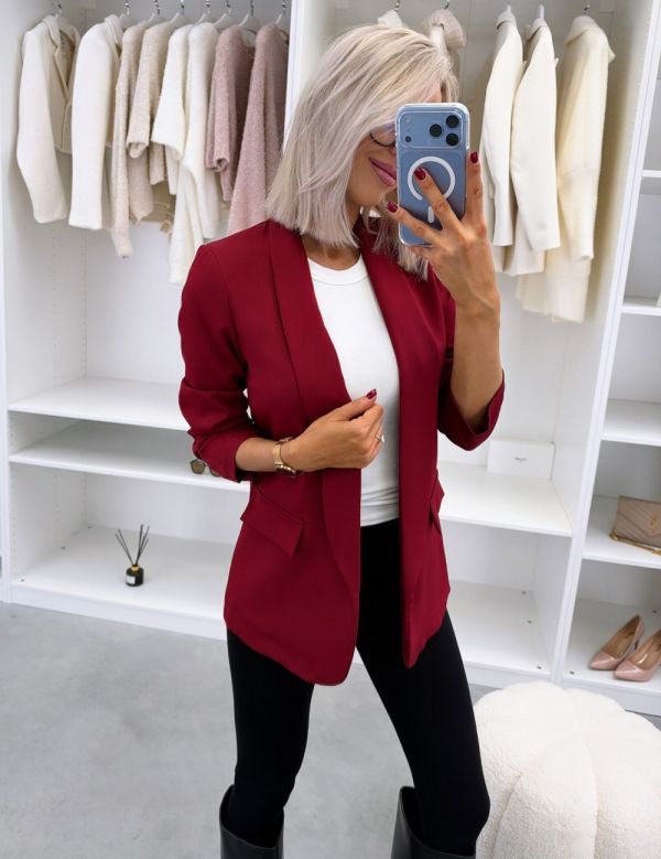Dark Red Blazer With Ruched Sleeves