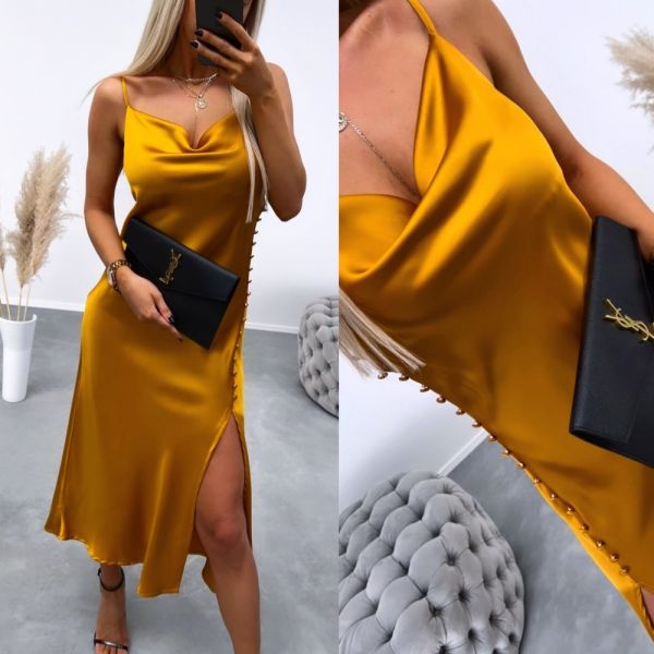 Mustard Buttoned Side-slit Silky Dress