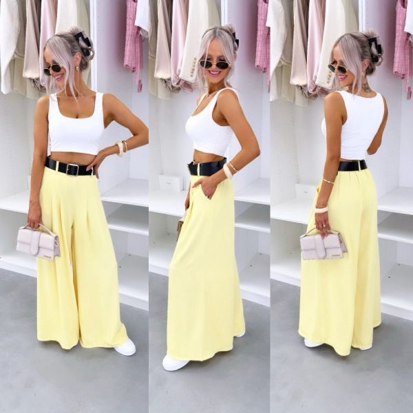 Yellow Flowing Trousers With Belt