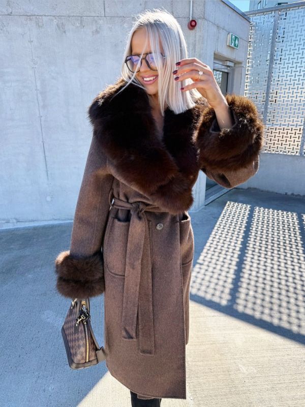 Brown Luxurious Fur-trim Tie-front Wool Coat