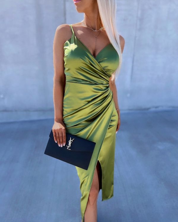 Olive Green Side-slit Silky Dress