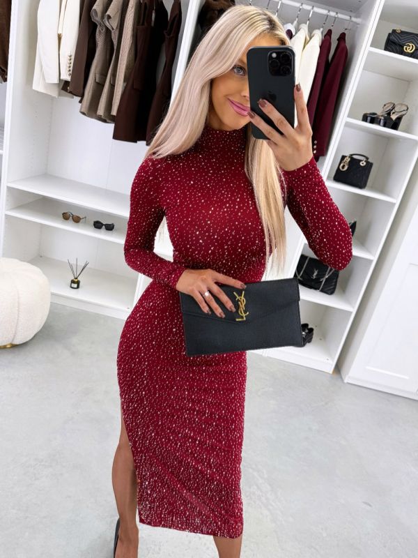 темно-красный Платье из стрейчевой ткани со стразами и разрезом