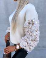 White Sweater With Sequins And Feathers