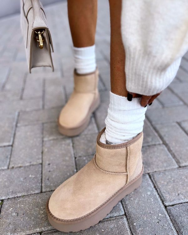 Beige Genuine Leather UGG Style Boots With Thicker Sole