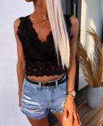 Зеленый Эластичный кружевной топ