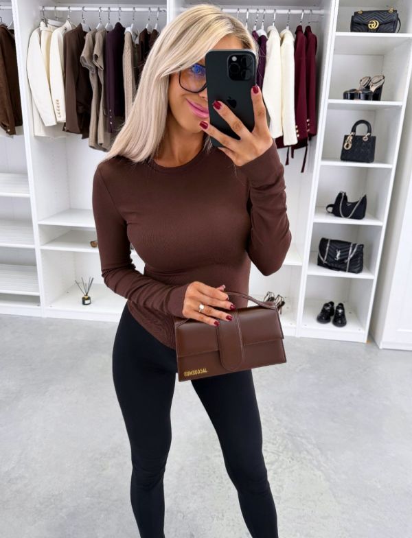 Коричневый Обтягивающий топ с длинными рукавами