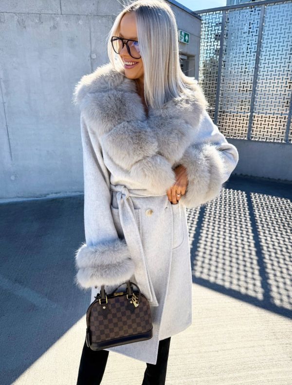 Beige Luxurious Fur-trim Tie-front Wool Coat