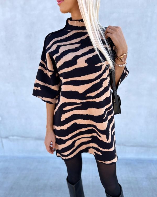 Camel Patterned Flowy Sweater Dress