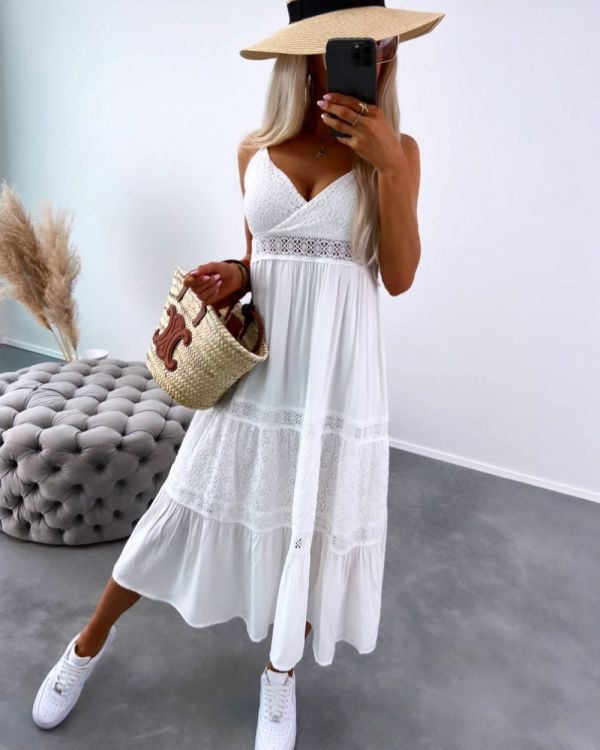 White Summer Midi Dress With Lace Top
