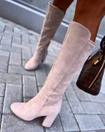 Camel Block-heeled Velvet Boots