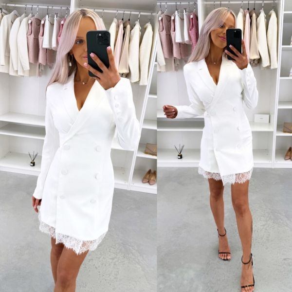 Biały Dopasowana Sukienka Marynarkowa