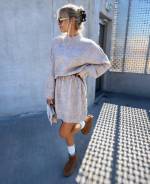 Taupe Soft Knit Dress With Thin Leather Belt