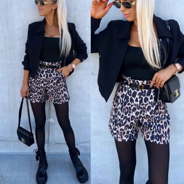 Leopard Leopard Print Belted Short Pants