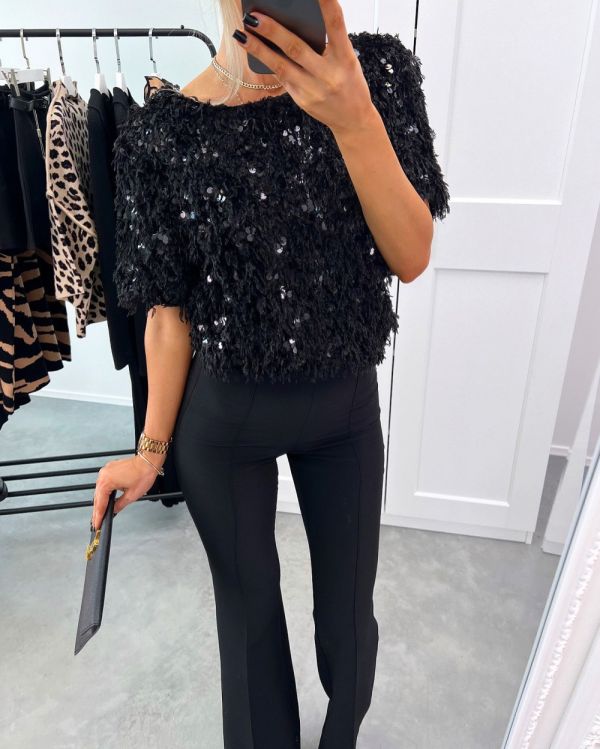 Black Soft Blouse With Sequins And Feathers