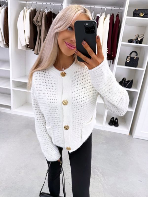 White Cardigan With Gold-tone Buttons
