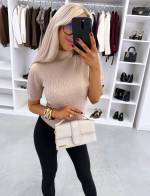 Brązowy Sweter Z Krótkim Rękawem