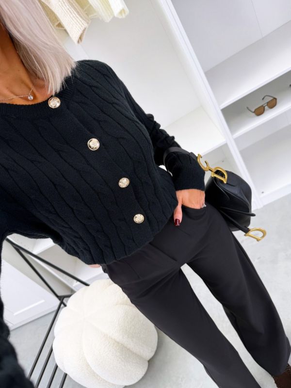 Black Soft Stretch Sweater With Gold-tone Buttons