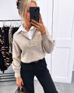 Taupe Comfortable Sweater With White Collar