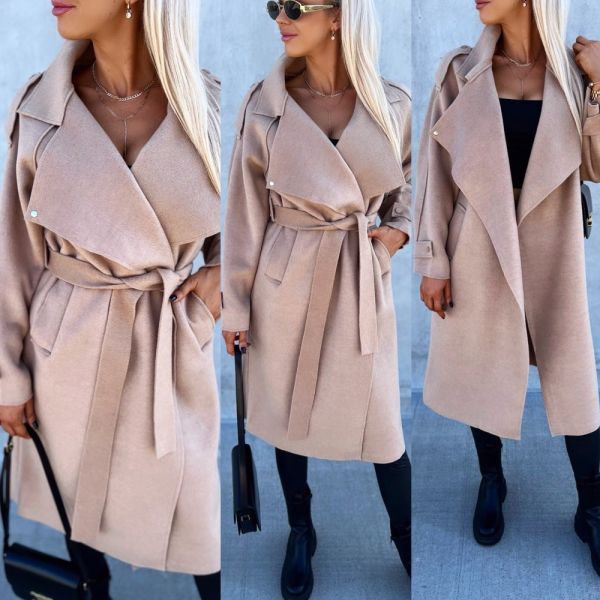 Beige Tie Waist Wool Blend Coat