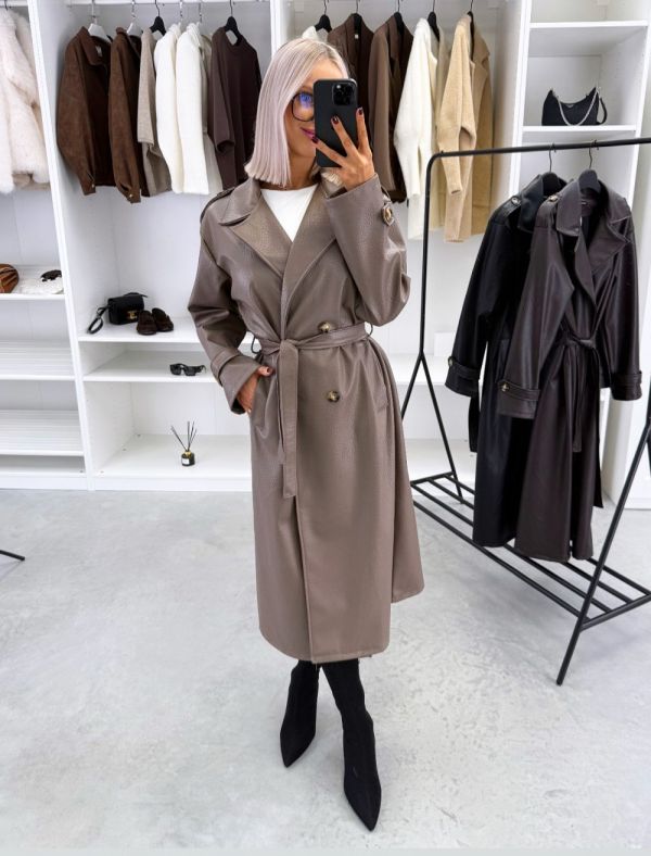 Taupe Soft Leather Coat With Tie Detail At The Waist