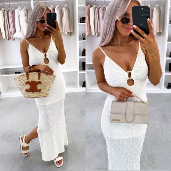 Light Beige Stretch Dress With Golden Detail