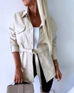 Beige Leather Snap Button Jacket