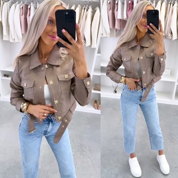 Taupe Fitted Jacket With Snap Buttons