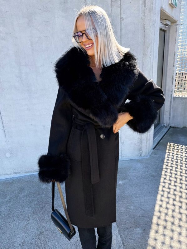 Black Luxurious Fur-trim Tie-front Wool Coat