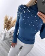 Blue High Neck Sweater With Pearls