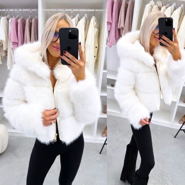 White Faux Fur Coat With Zip And Hood