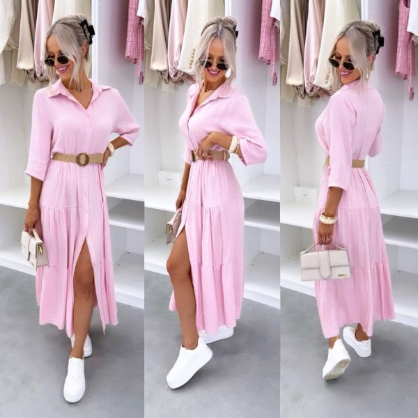 Pink Longer Dress With Braided Belt