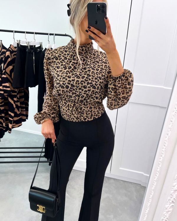 Leopard Leopard Print Crop Blouse With Rhinestones