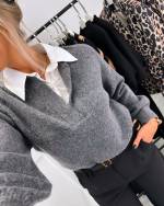 Grey Comfortable Sweater With White Collar