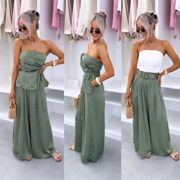 Khaki Silky Two-piece Set