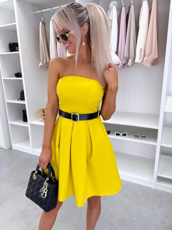 Yellow Belted Flared Dress With Pockets
