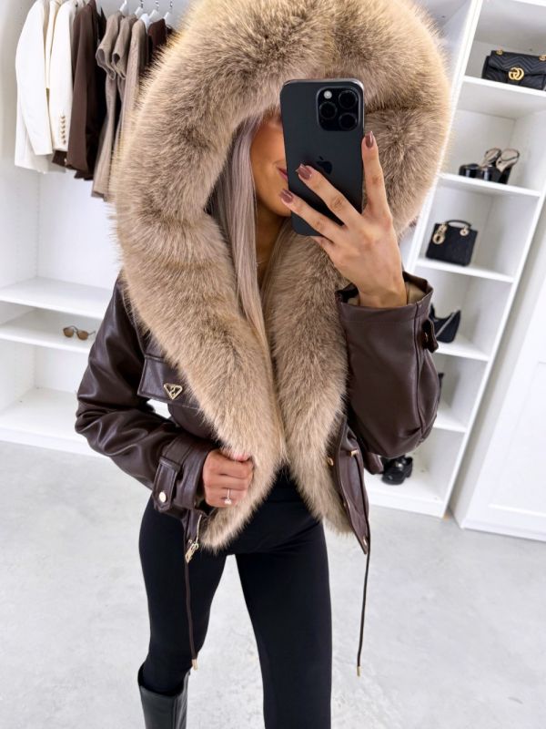 Brown Adjustable Waist Parka With Luxe Faux Fur