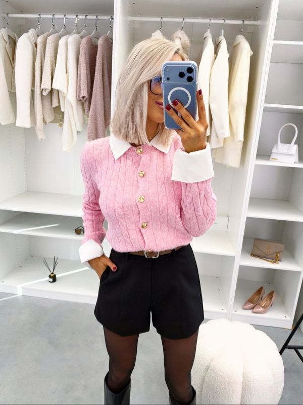 Pink Sweater With Gold-tone Buttons And A White Collar
