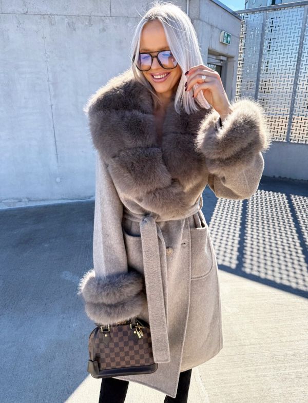 Taupe Luxurious Fur-trim Tie-front Wool Coat