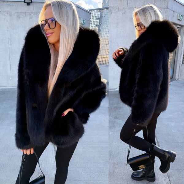 Black Luxurious Faux Fur Coat With Hood