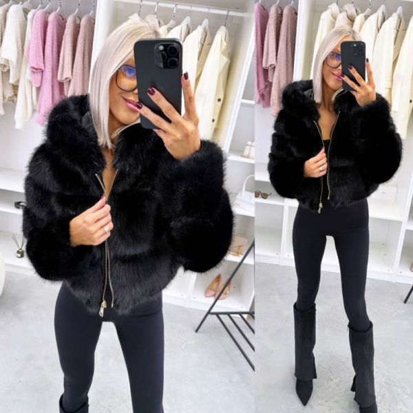 Black Faux Fur Coat With Zip And Hood