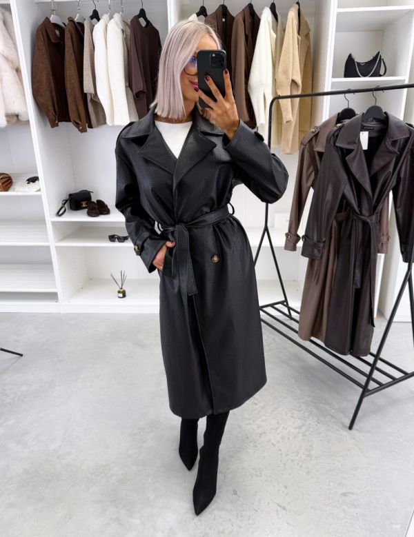 Black Soft Leather Coat With Tie Detail At The Waist