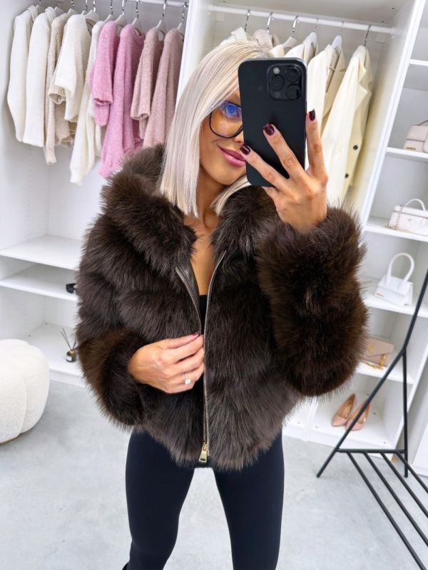 Brown Faux Fur Coat With Zip And Hood