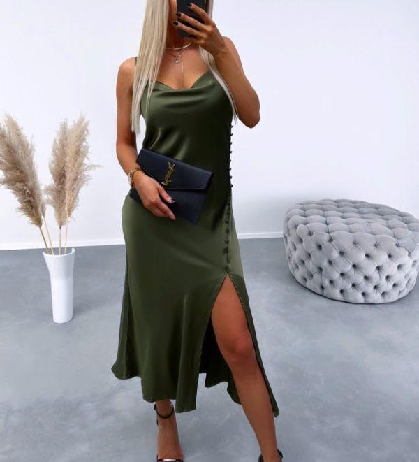 Khaki Buttoned Side-slit Silky Dress