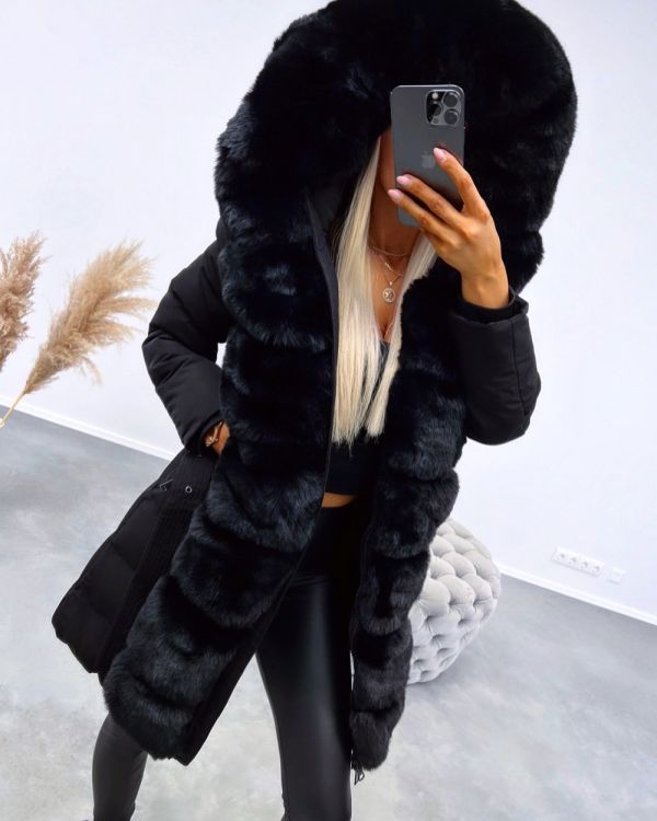 Черный Зимнее пальто с поясом и капюшоном