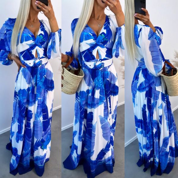 Blue Floral Belted Maxi Dress