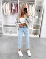 Голубой Мягкие и удобные джинсы Mom Fit