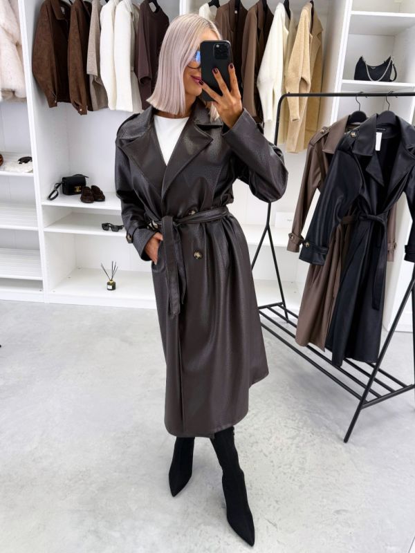 Brown Soft Leather Coat With Tie Detail At The Waist