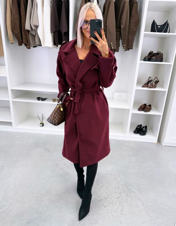 Dark Red Tie-front Coat With Pockets