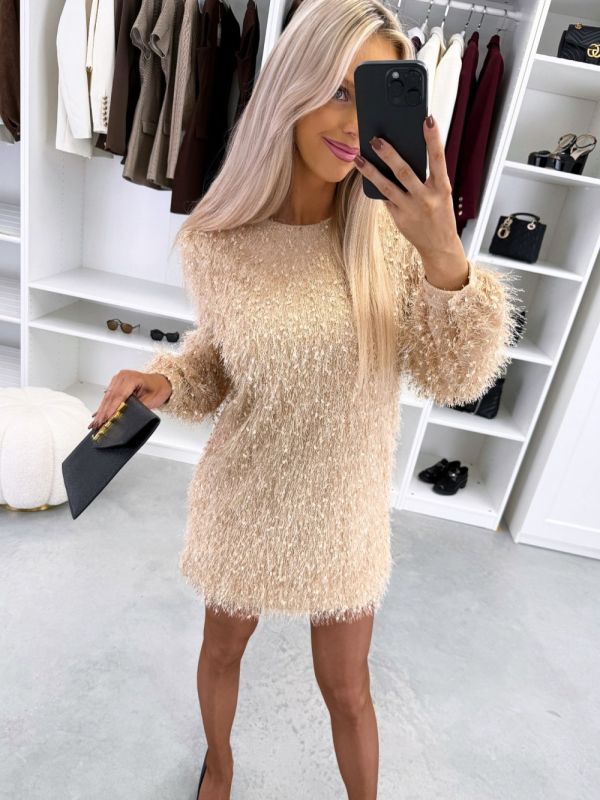 Бежевый Платье с длинными рукавами и легким силуэтом